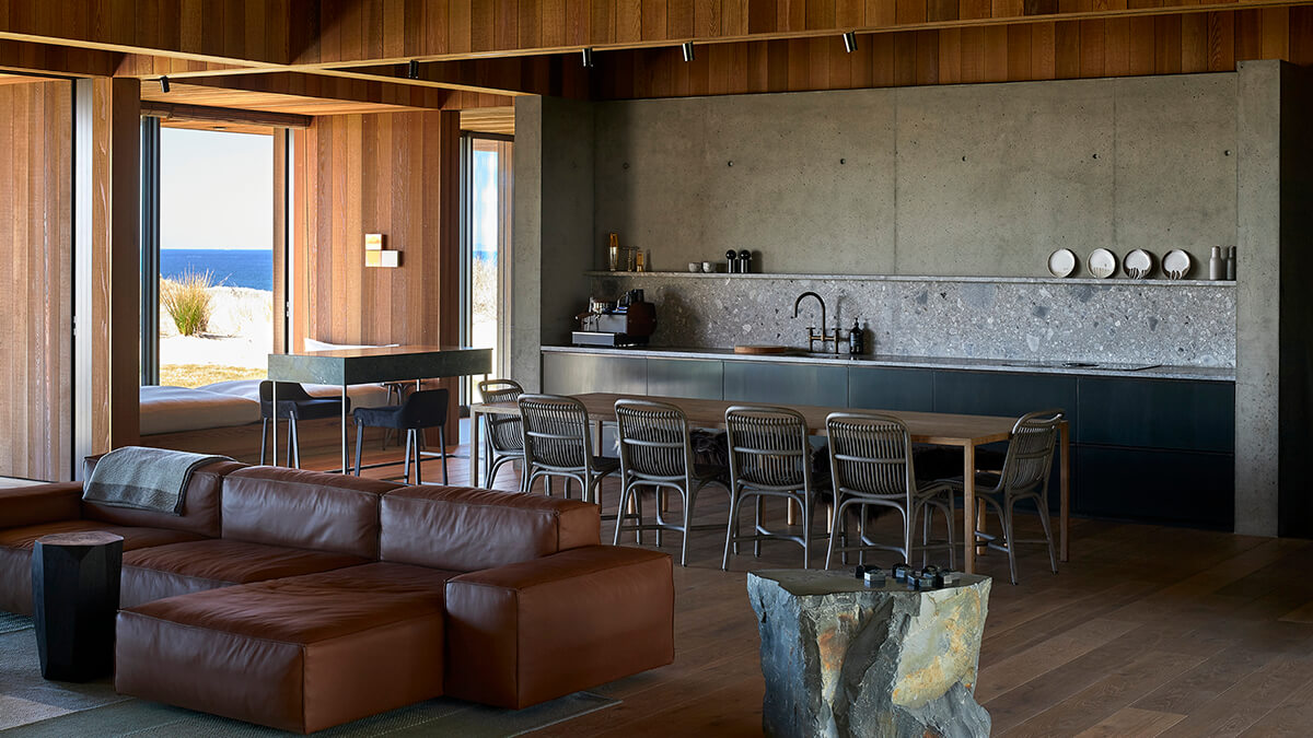 Interior view from the living room into the kitchen